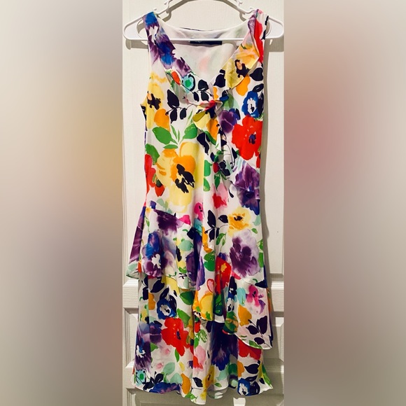 LRL I Brilliant Watercolor Bouquet Georgette Cascading Ruffles Sleeveless Dress - Picture 2 of 6